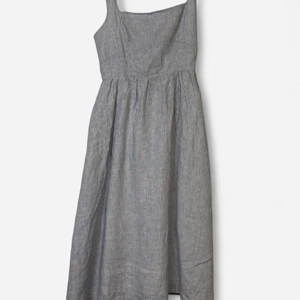 Quince 100% European Linen Blue White Pinstripe Midi Dress M NWT Coastal Size M